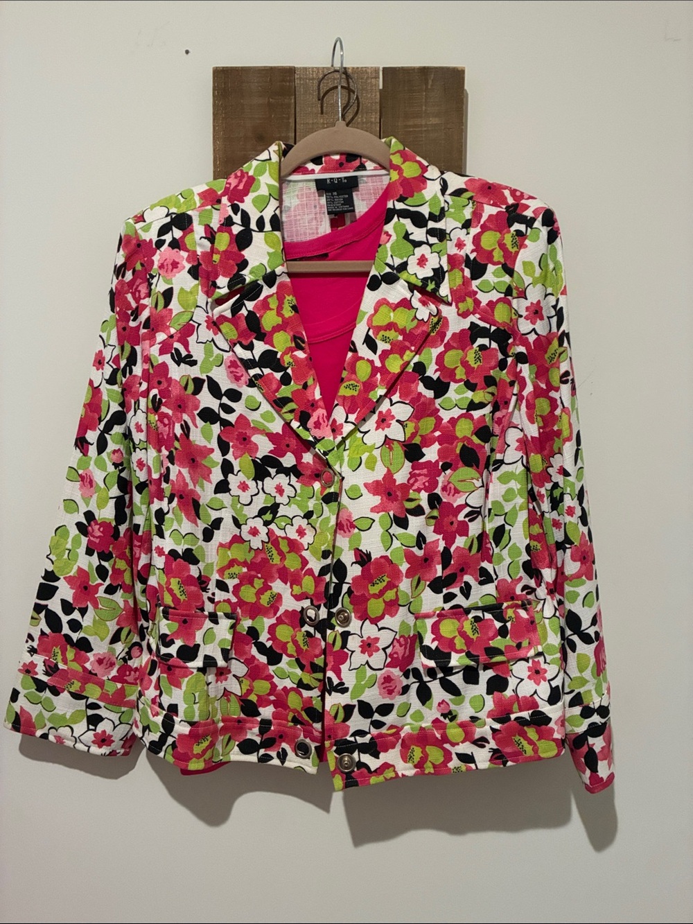 Floral Notch-Lapel Blazer Jacket - Pink & Green